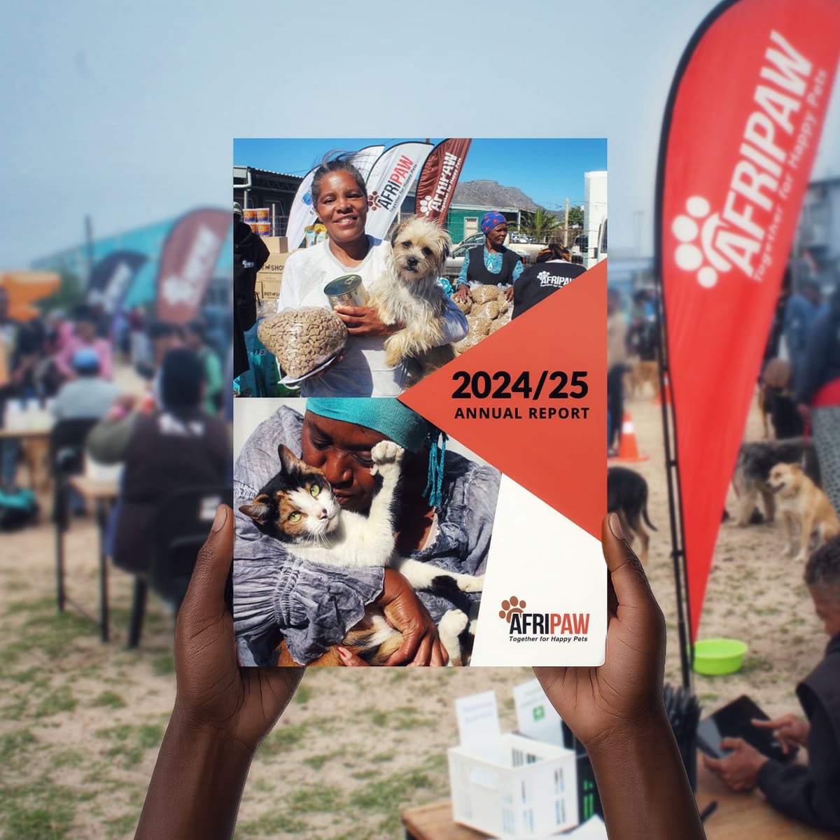 AfriPaw 2024/25 annual report cover featuring community outreach activities.