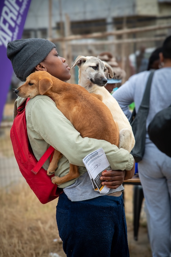 Four barriers stand between pets and care – Home – AfriPaw Pet owner with their two dogs during an AfriPaw outreach programme.